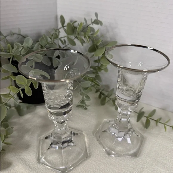 Vintage Crystal Candle Holders Set of 2 Smoked Rim Faceted Stem Votive - Picture 6 of 9